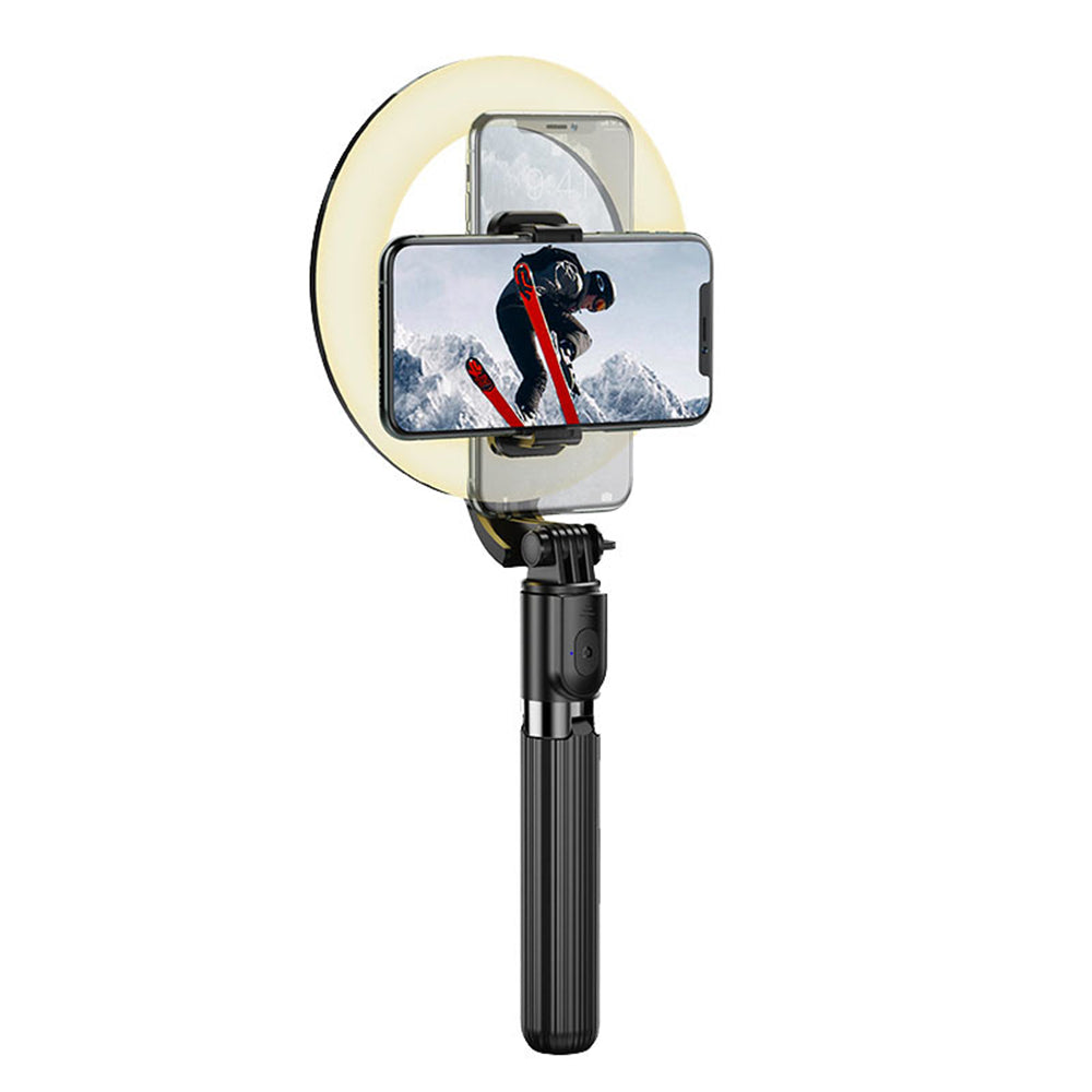 Trépied sans fil pour perche à selfie, support de téléphone avec anneau lumineux et télécommande Trépied sans fil pour perche à selfie, support de téléphone avec anneau lumineux et télécommande